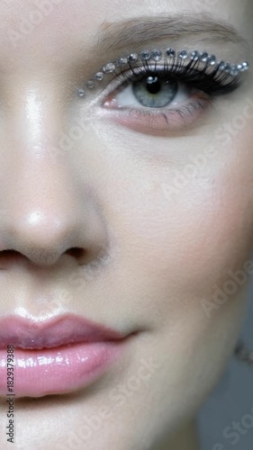 Closeup vertical video of human female face with rhinestones makeup. Woman with earrings in the ears.