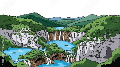 Beautiful cartoon waterfall landscape in nature setting