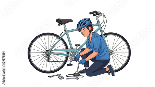 Cyclist repairs bicycle with tools Tire, gear, pedal, and chain maintenance for safety and performance