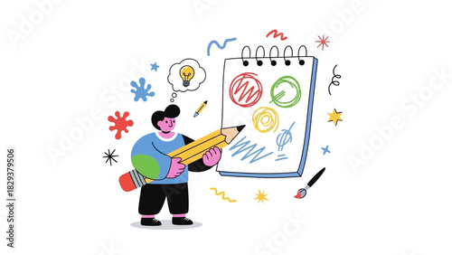 The spark of inspiration, a creative person brings ideas to life through drawing and sketching in a notebook