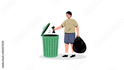 Vector illustration of a young person taking out the garbage and cleaning up, character disposing of rubbish in a green can