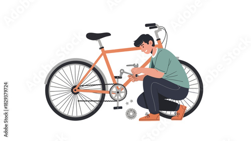 A young man carefully repairs his bicycle, using a wrench for do-it-yourself maintenance and service on a white background