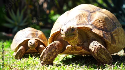 Two Brown Land Tortoises Walking on Green Grass in Bright Sunlight Outdoors