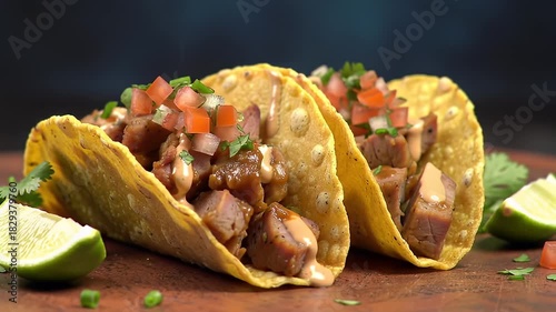 Two Golden Tacos with Toppings on Brown Wood in Soft Lighting