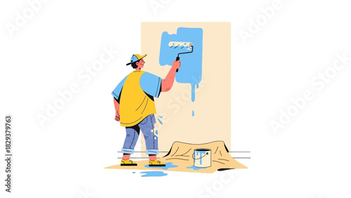 Painting the Wall A Depiction of a Person Using a Roller to Apply Blue Paint