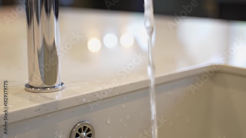 Water Running Into A Sink With A Chrome Faucet On A White Countertop