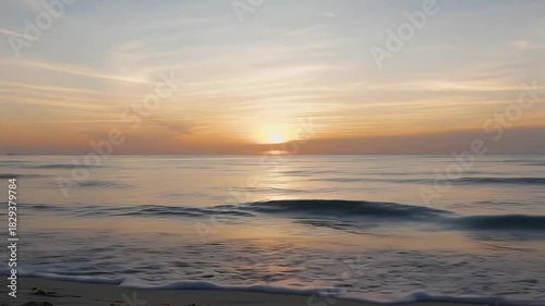 Warm Sunset at Seaside with Orange Sky Over Calm Water on Sandy Beach