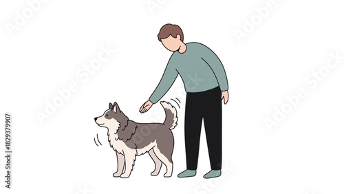 Illustration of a person petting a happy husky dog with its tail wagging