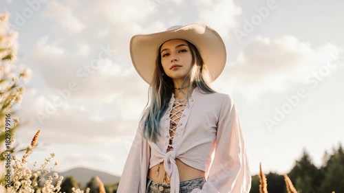 Fashionable young woman wearing cowboy hat posing outdoors in nature