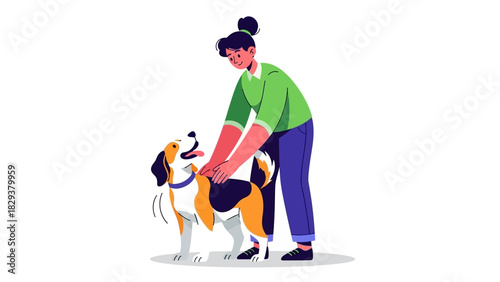 A caring female pet owner affectionately stroking her happy tricolor hound dog in a modern flat vector style
