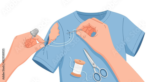Hands meticulously mending a torn blue t-shirt with needle and white thread, demonstrating the practical skill of clothing repair and DIY craftsmanship
