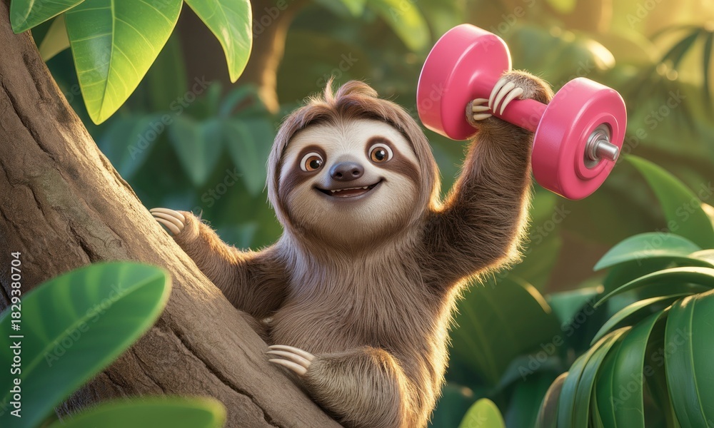 Obraz premium Cartoon sloth holding pink dumbbell in a lush jungle setting