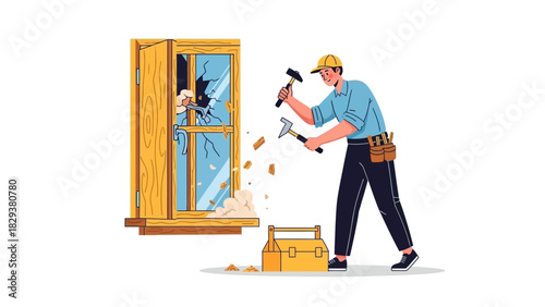 Professional worker demolishing a damaged window with a hammer, preparing for home renovation and essential repairs. Illustrative concept of construction