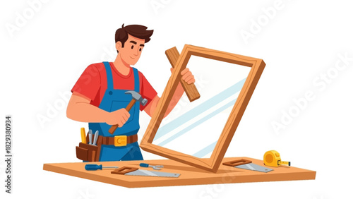 Carpenter working on a wooden frame with tools, hammering wood, vector illustration