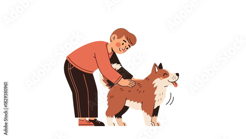 Boy Petting Smiling Brown and White Dog. Happy Child Cares For Animal