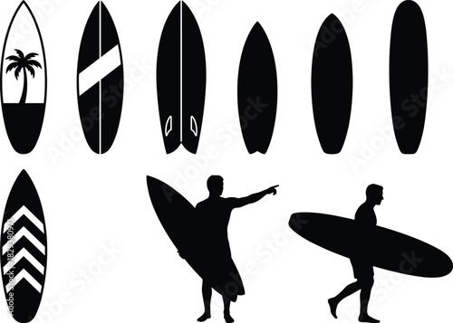Black Silhouettes of Surfboards and Surfers in Various Designs and Poses for Beach, Water Sports, Lifestyle, and Graphic Design Projects