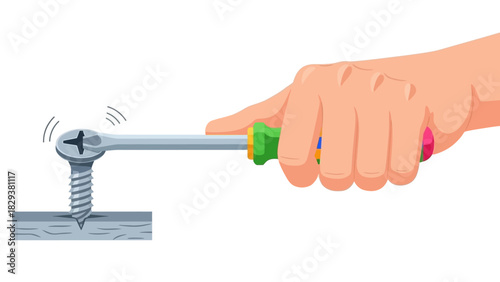 Hand Using Screwdriver to Tighten Screw into Wood Illustration