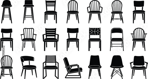 Black Silhouettes of Various Chair Designs Including Armchairs, Bar Stools, Dining Chairs, Rocking Chairs, and Folding Chairs for Interior Projects