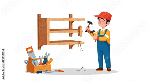 Handyman at work Repairing and assembling wooden shelves with tools from toolbox. Cartoon character