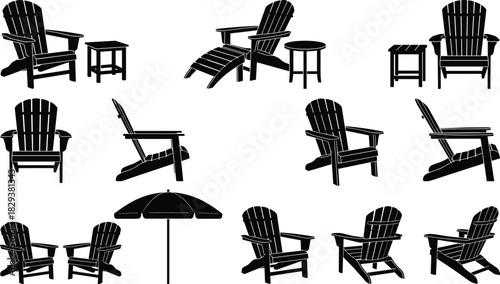Black Silhouettes of Adirondack Chairs, Side Tables, and Patio Umbrella for Outdoor Furniture, Garden Decor, and Graphic Design Projects