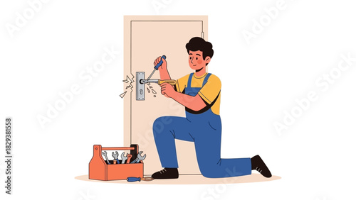 Professional locksmith or handyman character in overalls fixing a broken door lock with a screwdriver. Home repair and maintenance service concept