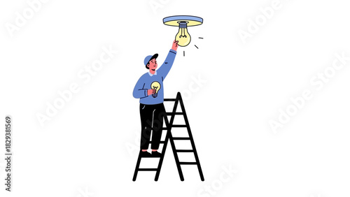Handyman changing a lightbulb on a ladder in a room, illustrating a concept of innovation and bright ideas