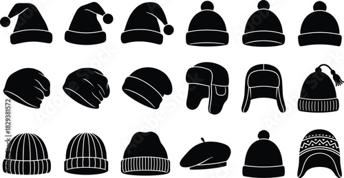 Silhouette collection of winter hats featuring Santa caps, beanies, trapper styles, pom-poms, and seasonal headwear for cold weather fashion