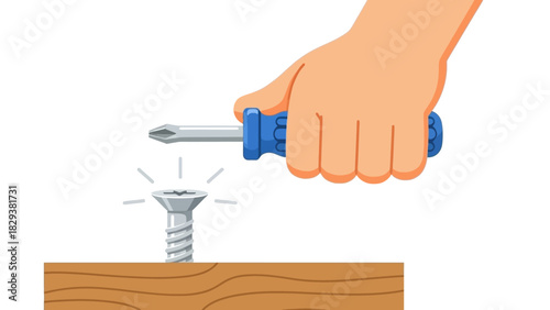 Hand holding a screwdriver tightening a screw into a wooden plank, illustration