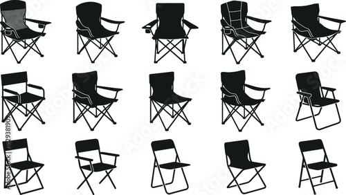 Silhouette set of folding chairs with diverse outdoor designs including cup holders, mesh backs, and portable seating features