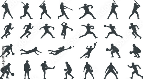 Black Silhouettes of Baseball Players in Athletic Action Poses Including Batting, Pitching, Catching, Running, and Fielding for Sports Design Projects
