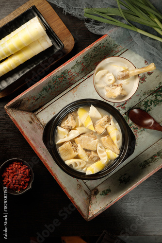 Photos Asian Chicken Soup with Bamboo Shoots Spring Recipe Traditional Bowl Wooden Tray