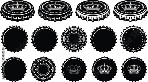 Black Silhouettes of Bottle Caps with Crown, Star, and Decorative Patterns for Packaging, Branding, Beverage, and Graphic Design Projects