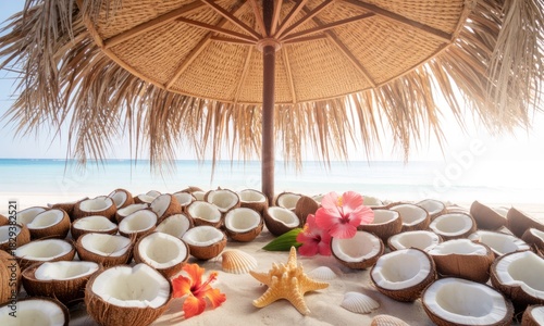 Coconut shells on a sandy beach under a thatched umbrella, tropical scenery