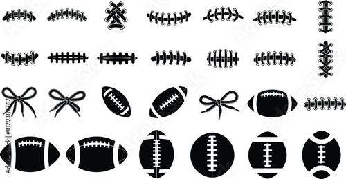 Black Silhouettes of Football Lace and Stitch Designs with Shoelace Variations for Sports Branding, Pattern Art, and Graphic Projects