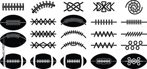 Black Silhouettes of Footballs with Unique Lace and Stitch Patterns for Sports Design, Branding, Textile Art, and Graphic Projects