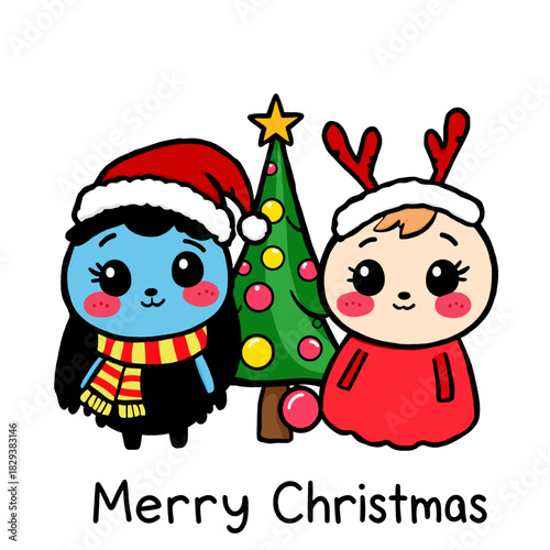 Cute Christmas Sticker Design — Christmas Tree, Santa & Reindeer Cartoon Characters