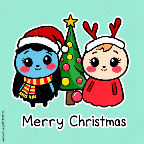A cheerful christmas greeting card featuring two adorable cartoon characters and a festive christmas tree, all in a sweet, kawaii style against a light blue background.