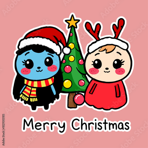 A charming christmas illustration featuring two kawaii-style characters and a decorated christmas tree, set against a soft pink backdrop. The image exudes a playful and festive holiday spirit.