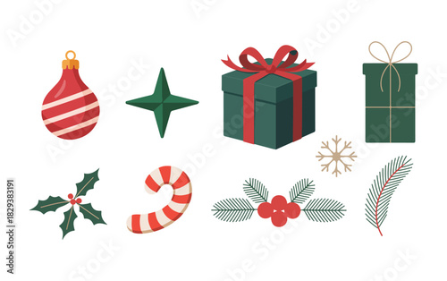 Christmas Icon Set, Holiday Ornaments, Gifts, Candy Cane and Festive Decorations.