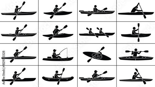 Black Silhouettes of Kayakers and Canoeists in Various Paddling and Fishing Poses for Outdoor Sports, Adventure, and Design Projects
