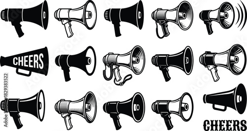 Black Silhouettes of Megaphones in Various Styles with Sound Waves and Cheers Text for Communication, Promotion, and Graphic Design Projects