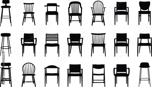 Black Silhouettes of Modern and Classic Chair Designs Including Bar Stools, Armchairs, Dining Chairs, and Minimalist Seating for Interior Projects
