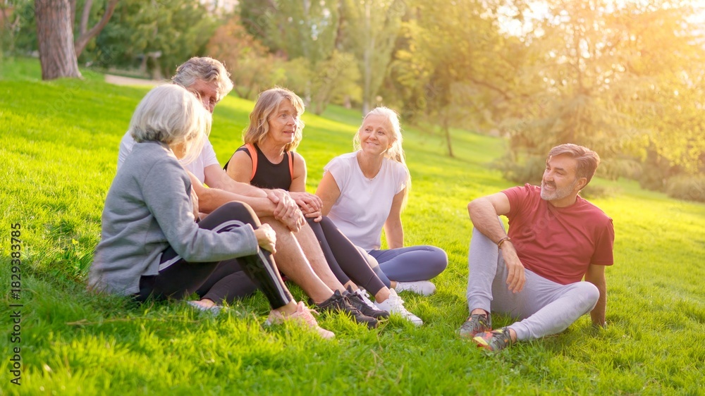 Fototapeta premium Senior friends talking together after training in the park