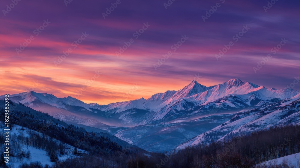Obraz premium Striking landscape image of snow-covered mountains at sunset, bathed in a purple and orange glow.
