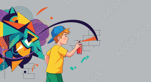 Young boy artist creating colorful abstract lion graffiti on a wall.