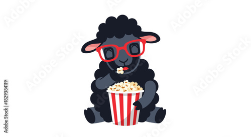 A cute black sheep wearing red glasses sits and eats popcorn from a striped bucket.