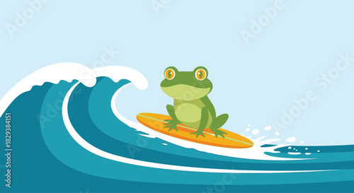 A cute cartoon green frog character surfing on a surfboard.