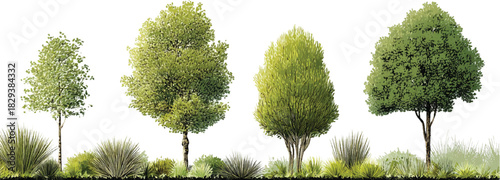 Four diverse green trees and various shrubs in a row against a white background bush foliage