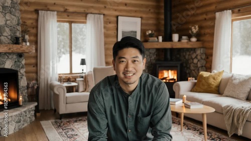 Happy Asian man sitting in comfortable armchair near fireplace at home