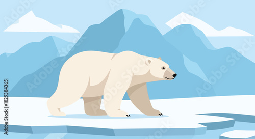 A simple flat design illustration of a walking polar bear.